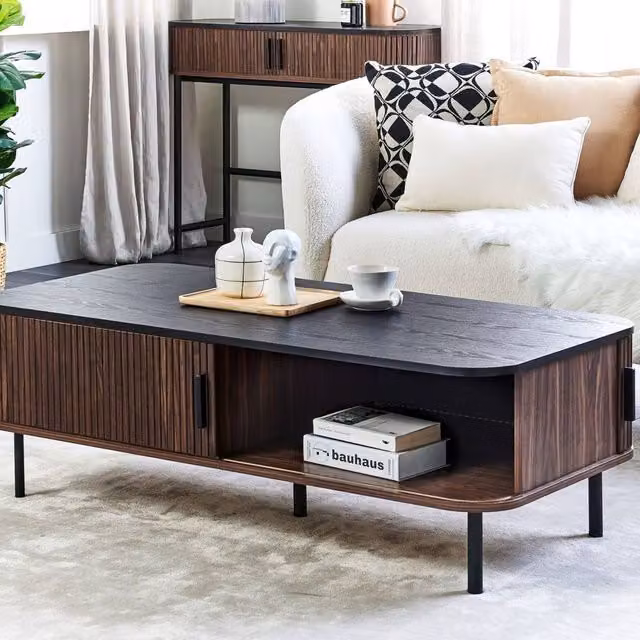 Wyld and Coco Retro Brown Rectangular Coffee Table with Storage and Sliding Doors W/D/H: 120 x 60 x 41 cm – 1