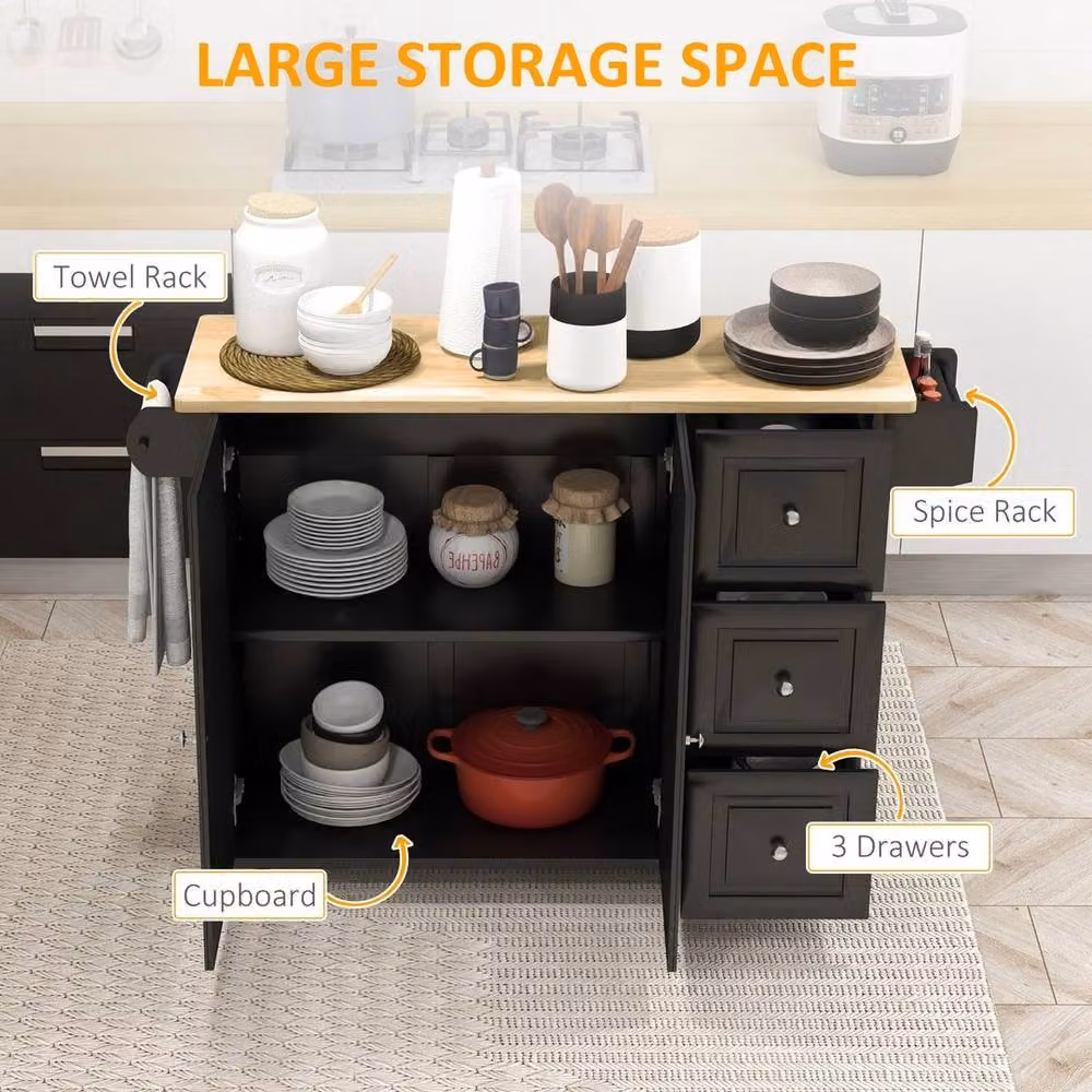 EONLION Black Kitchen Island on Wheels with Drop Leaf and Matt Finish, Width: 100 cm – 4