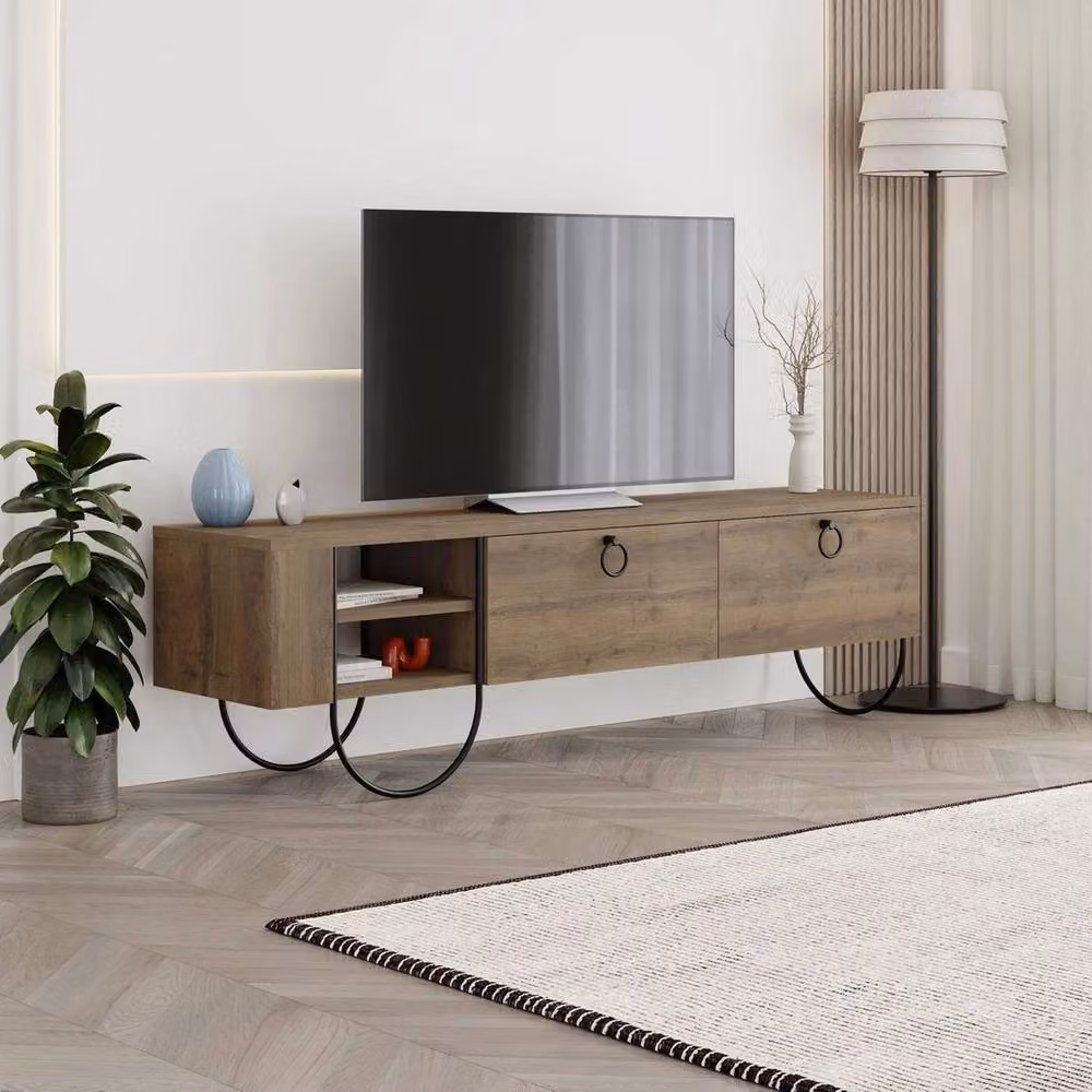 KORVIXA Modern 2 Door Dark Oak TV Unit Stand with Open Shelving in Brown W/D/H: 100 x 100 x 100 cm – 2