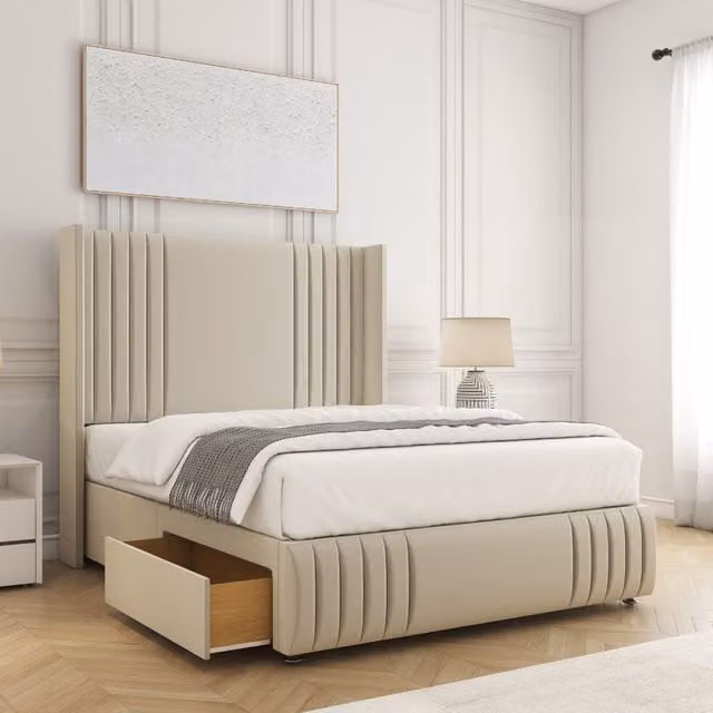 BSSPOKE Peyton Small Double Divan Bed in Beige Velvet with Headboard and 2 Drawers, W/D/H: 120 x 200 cm