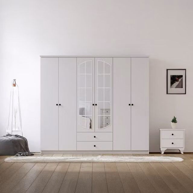 EVUHOME ECU XL White Mirrored Wardrobe with 6 Doors and 2 Drawers, H 210 x W 180 x D 52 cm