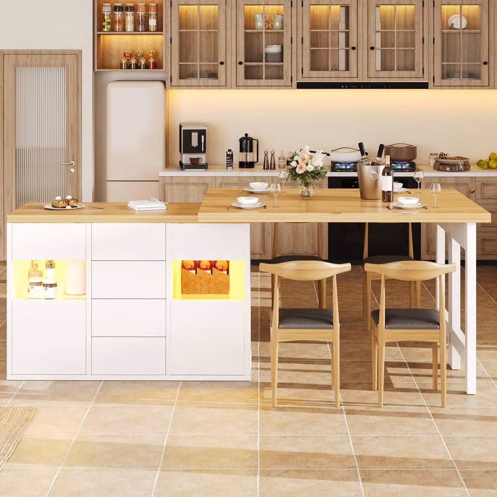 Merax White Extending Kitchen Island Dining Table with LED and Glazed Doors – 3