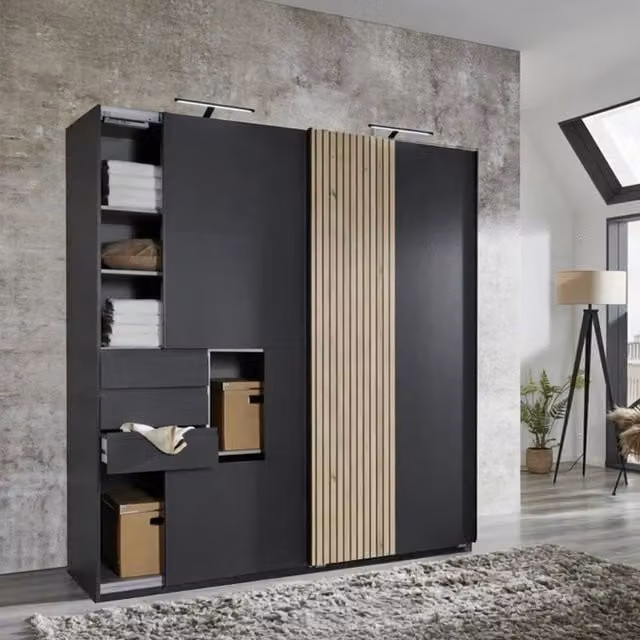 Nadije Graphite Modern 2 Door Wardrobe with 3 Integrated Drawers, Grey/Anthracite, W: 180 cm