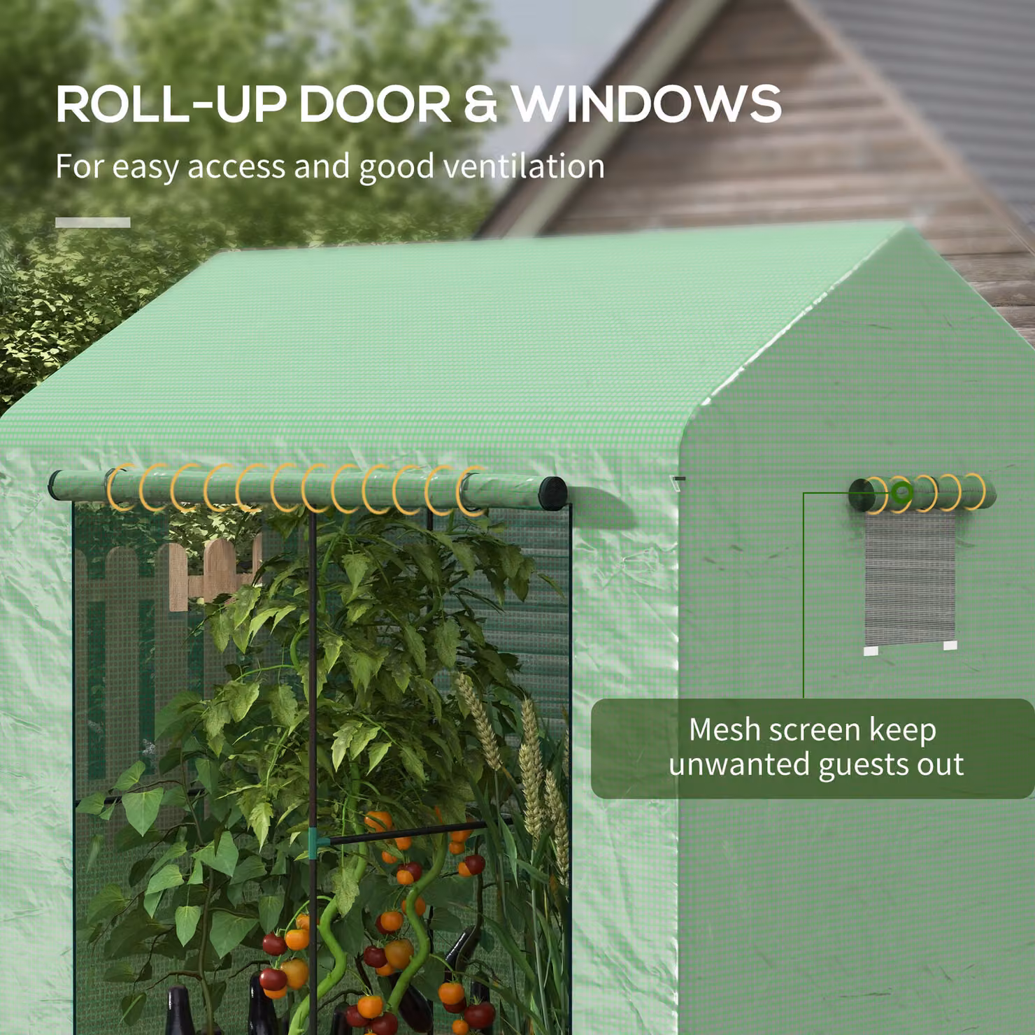 Outsunny Green Walk-in Garden Greenhouse with Roll-up Door and Mesh Windows, W: 140 cm, D: 200 cm, H: 200 cm – 4