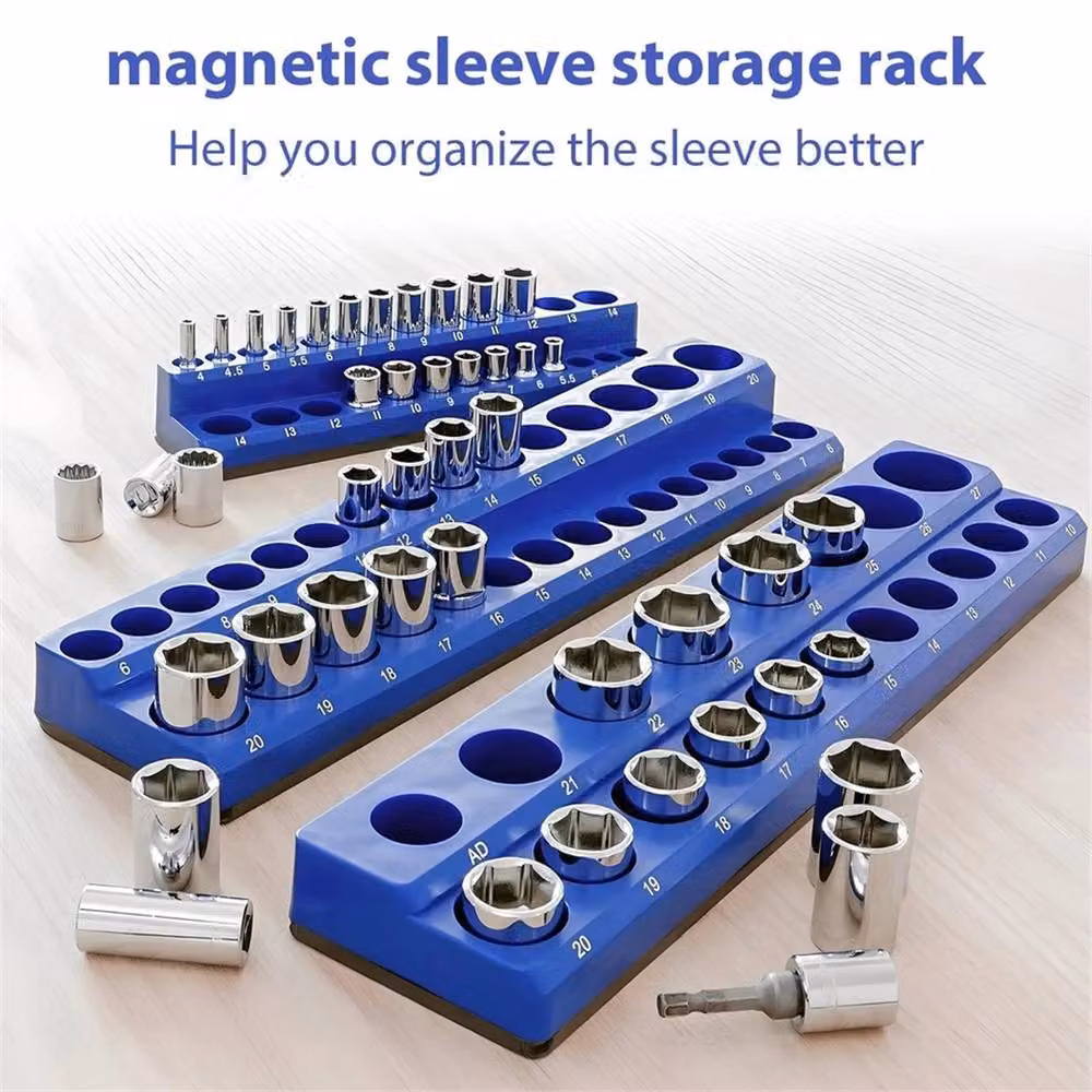 VOGREX 3-Piece Metric Magnetic Socket Organizer Tray Set, 1/4, 3/8 and 1/2 Drive Holder in Blue Steel – 5
