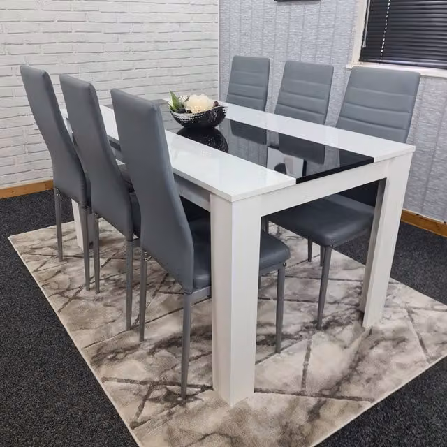 Kosy Koala Modern Rectangular Wood Dining Table with 6 Grey Faux Leather and Metal Chairs in White and Black