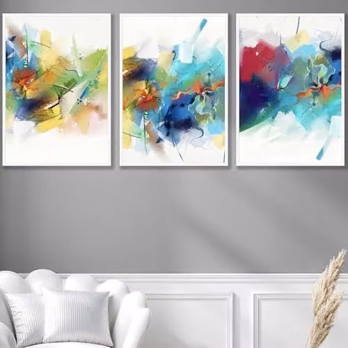 ARTZE Set of 3 Abstract Fractal Wall Art Paper Posters in Pink, Blue and Yellow, W: 50 cm, H: 70 cm
