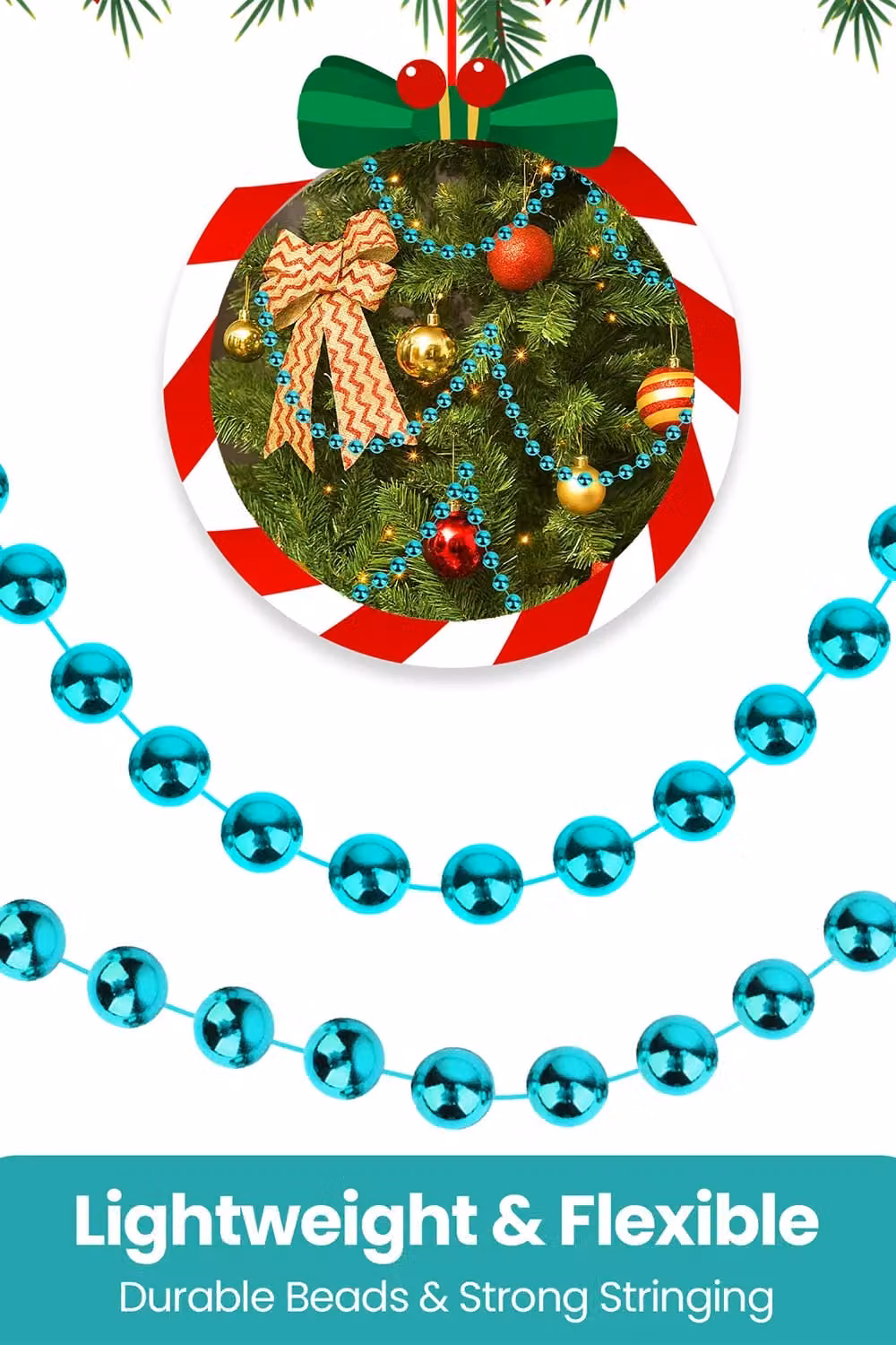Neel Blue 9m Metallic Christmas Bead Chain, 7.5mm Shiny Turquoise Pearl Garland – 5