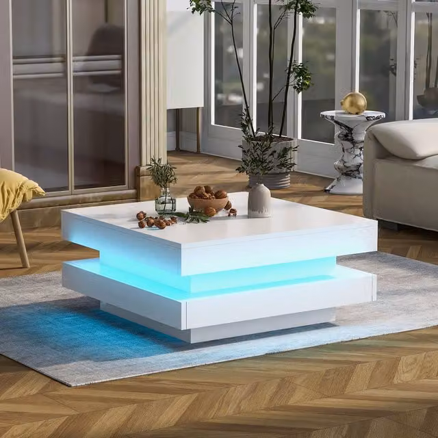 Aosom UK High Gloss Square Lift Top Coffee Table with Rotating Top and 16-Colour LED Lights, White, W: 70 cm, D: 70 cm, H: 36 cm – 1