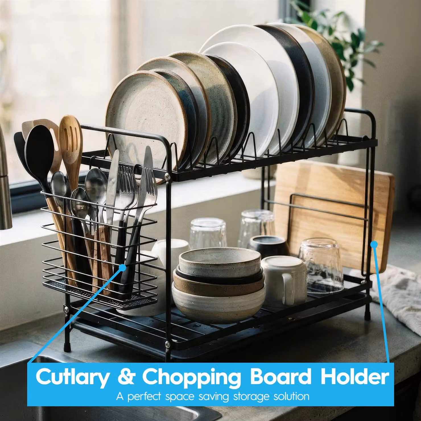 Harbour Housewares 2 Tier Metal Dish Drainer Rack with Drip Tray and Cutlery Holder, Black, W/D/H: 40.0 x 30.0 x 21.0 cm – 8