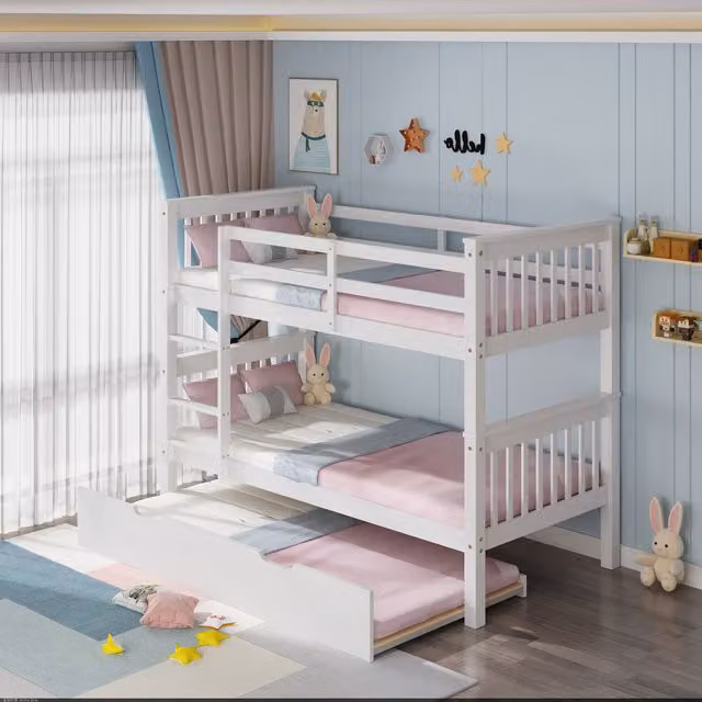 More4Homes Oliver Solid Wood Bunk Bed with Trundle in White, 90 x 190 cm