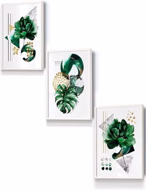 ARTZE Abstract Green and Gold Botanical Framed Wall Art in White, W: 33 cm, H: 45 cm, D: 2 cm