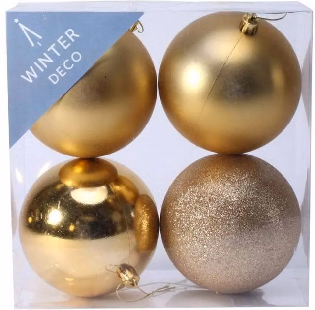 KDMD Gold Shatterproof Christmas Baubles, 2 Pack of 4 Round Hanging Baubles, Diameter: 10 cm – 1