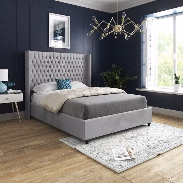 Casani Volta Straight Winged Upholstered Soft Velvet Bed Frame in Grey, W/D/H: 180 x 200 cm – 1