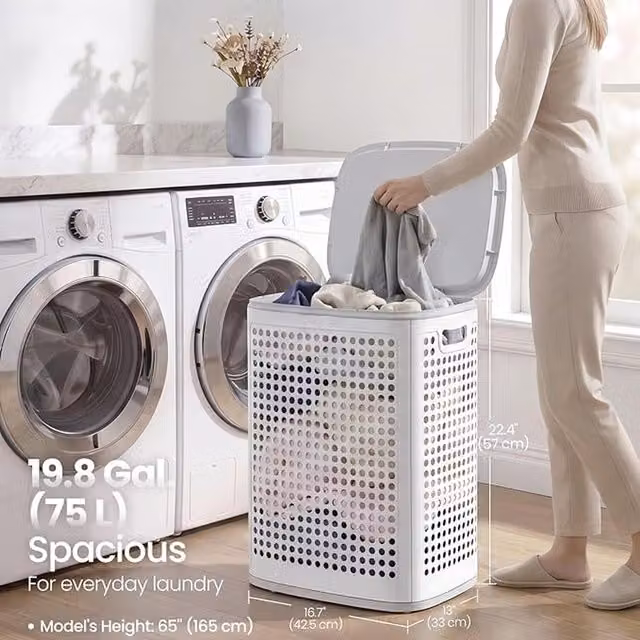 SONGMICS 75L Slim Plastic Laundry Hamper with Lid and Handles, White