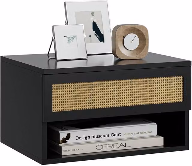 FORGEVIO Modern Wall Mounted Bedside Table in Black, W/D/H: 30 x 22.4 x 39 cm