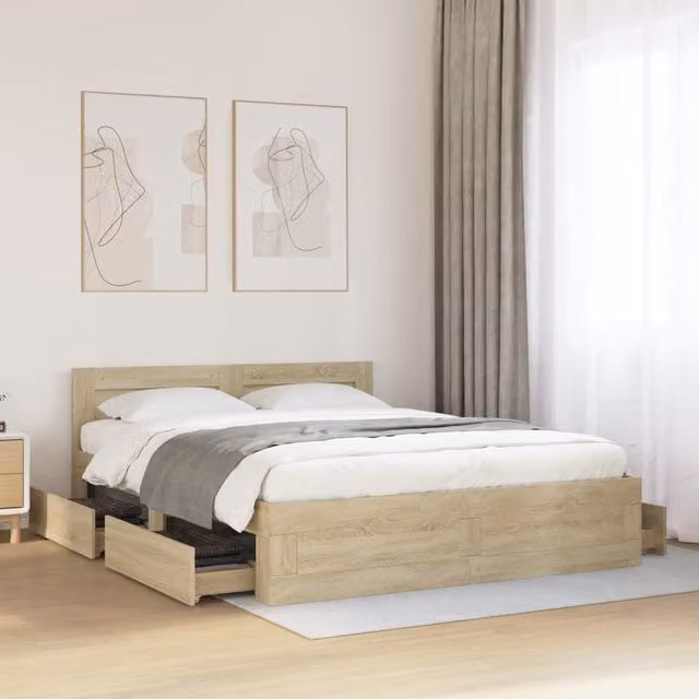 Berkfield Home Bed Frame with Headboard and Drawers in Sonoma Oak Brown, W/D/H: 160 x 200 cm