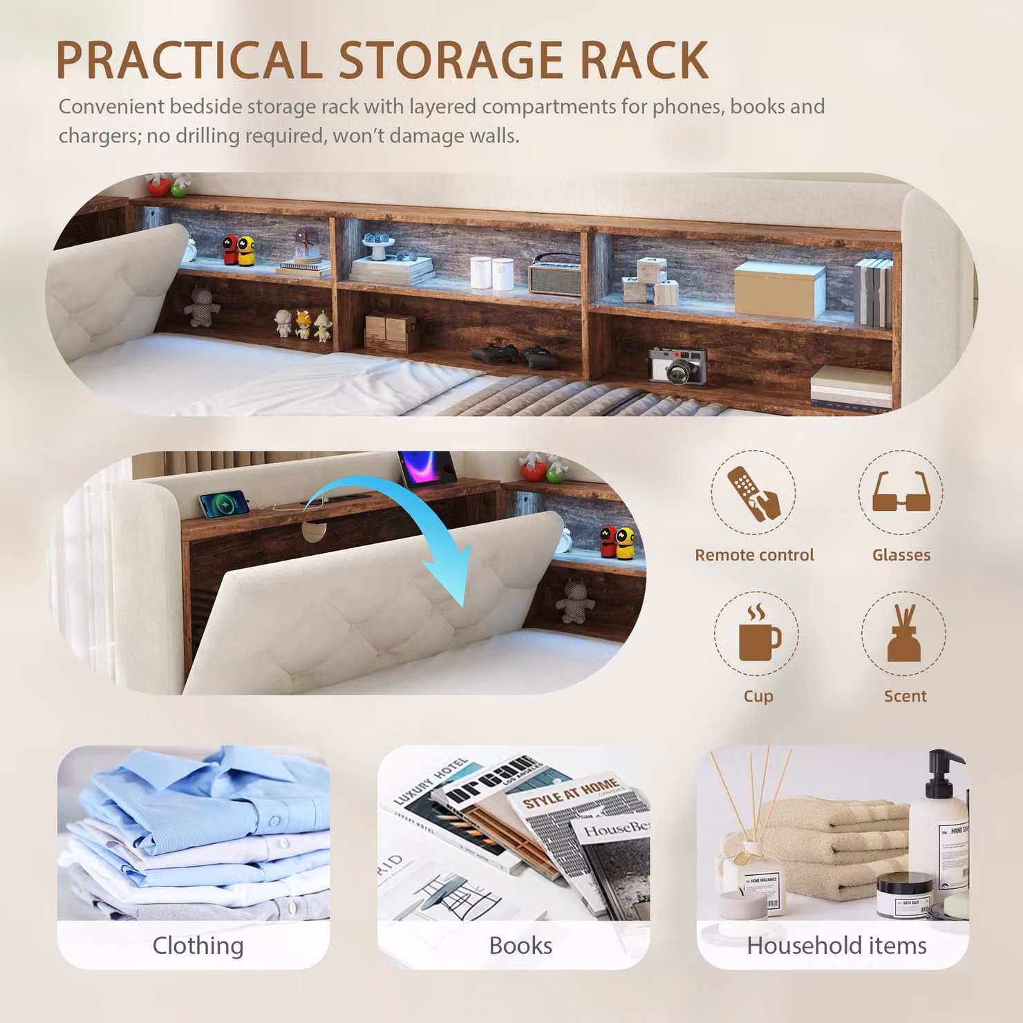 Aosom UK Beige Velvet Pull-Out Sofa Bed Frame with Wooden Headboard Shelf, LED Lighting and USB Charging, W/D/H: 211 x 91 x 84 cm – 3