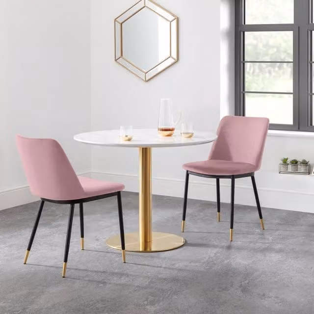 Julian Bowen Palermo Round Marble Dining Table and Delaunay Chairs Set in Pink and Gold