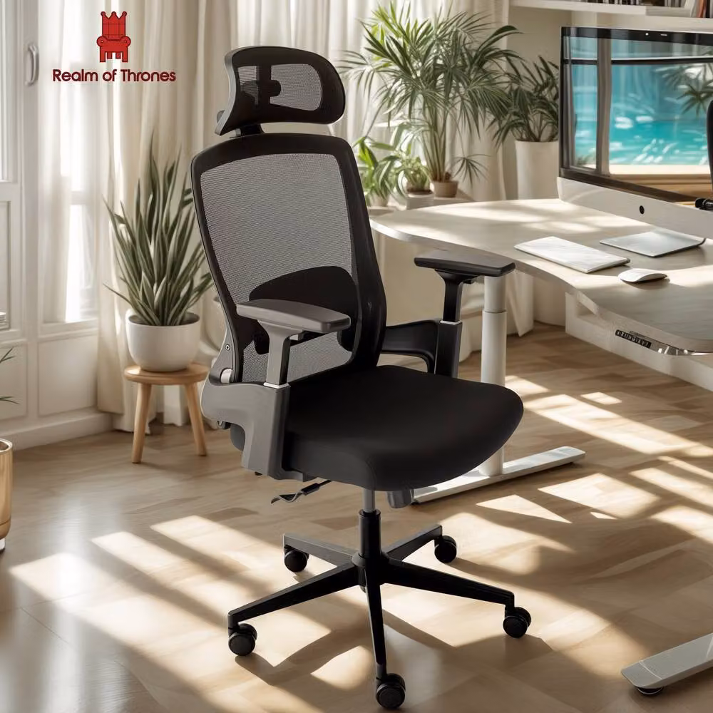Realm of Thrones Ergonomic Black Fabric Office Chair with Headrest and Armrests – 2