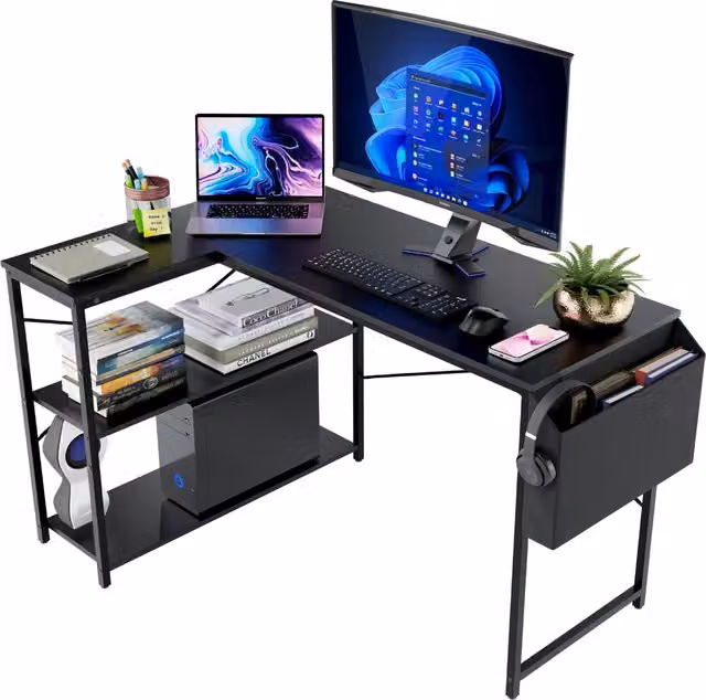 DMD Collective DeskMate Reversible L-Shaped Corner Desk with Storage Shelves in Black