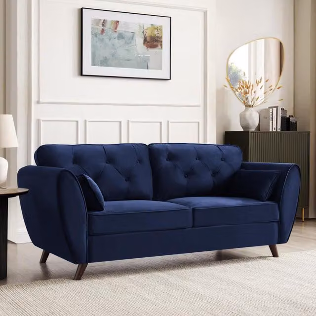 Mona 3-Seater Chesterfield Sofa in Blue Velvet with Scatter Cushions