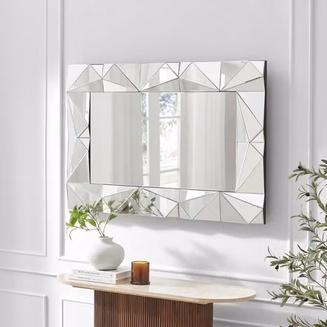 FurnitureboxUK Atlas Art Deco Geometric Long Rectangle Mirror, Silver, W: 120 cm, H: 80 cm