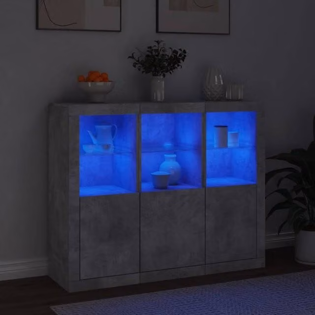 Berkfield Home 3-Piece Sideboard Set with LED Lights in Concrete Grey, MDF and Glass – 1