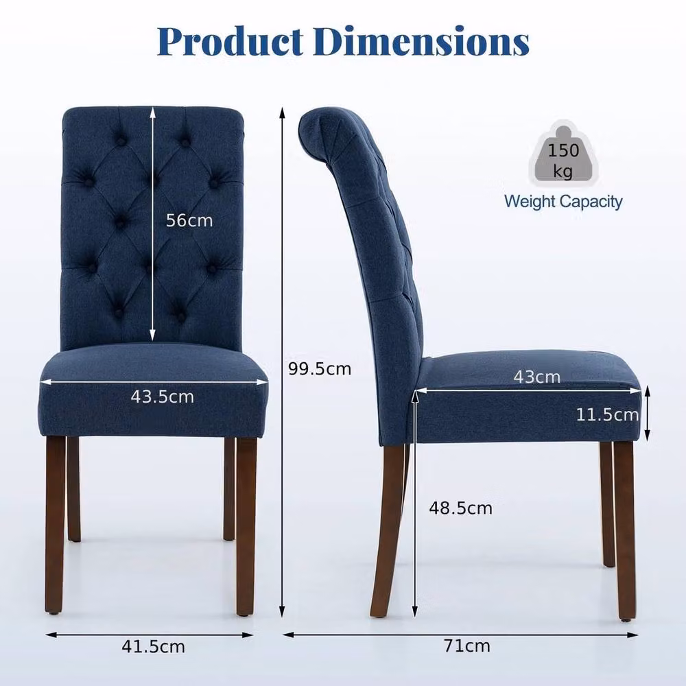 KORVIXA Set of 2 Blue Button Tufted Upholstered Fabric Dining Chairs with Wood Frame – 2