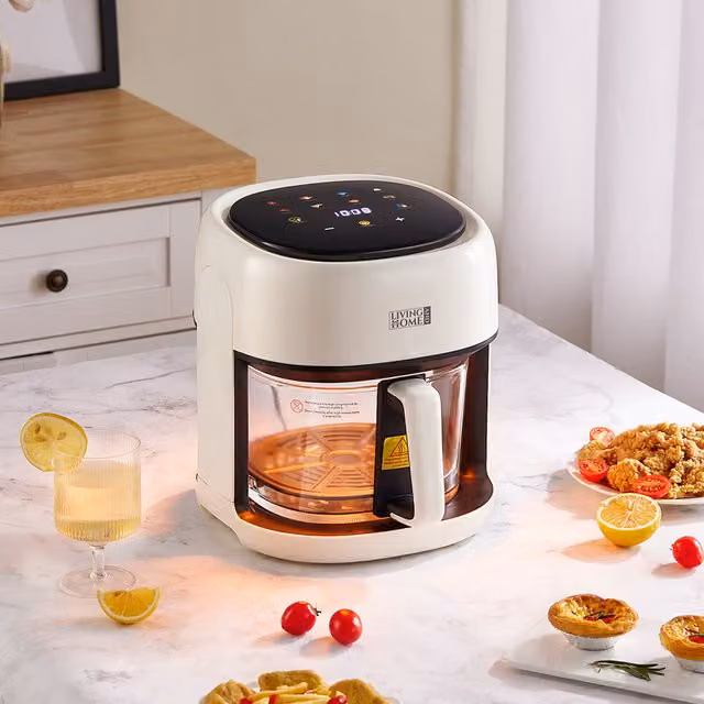 Livingandhome 4.5L Glass Air Fryer with LCD Digital Display and Auto Shutoff in Beige and Transparent