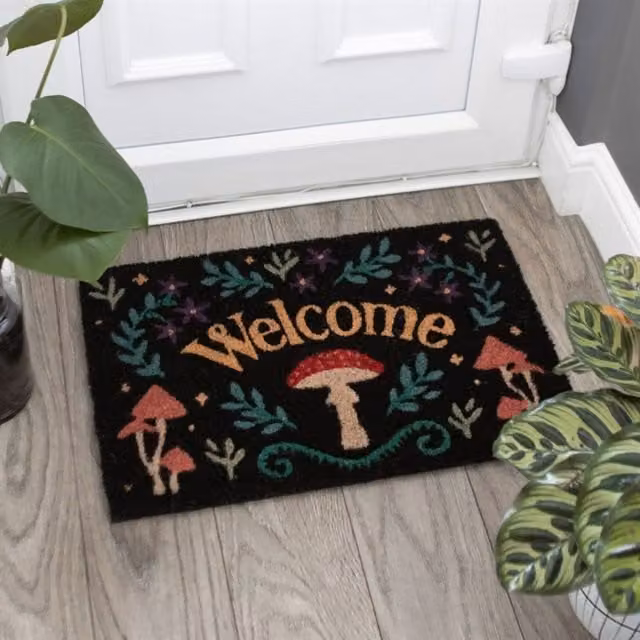 KDMK Magical Mushroom Welcome Doormat with Forest Design in Black and Multicolour