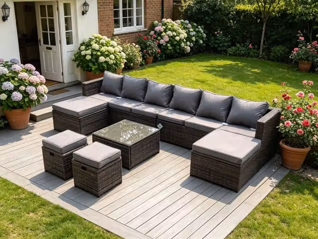Fimous L-Shape Rattan Corner Sofa Set with Coffee Table and Ottoman in Light Grey – 1