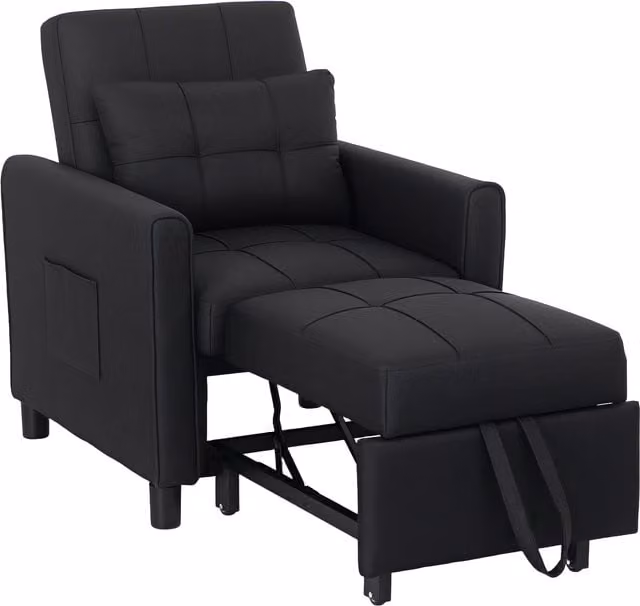 HOMCOM 3-in-1 Black Linen-Look Single Chair Bed with 11cm Thick Adjustable Back and Eucalyptus Wood Frame