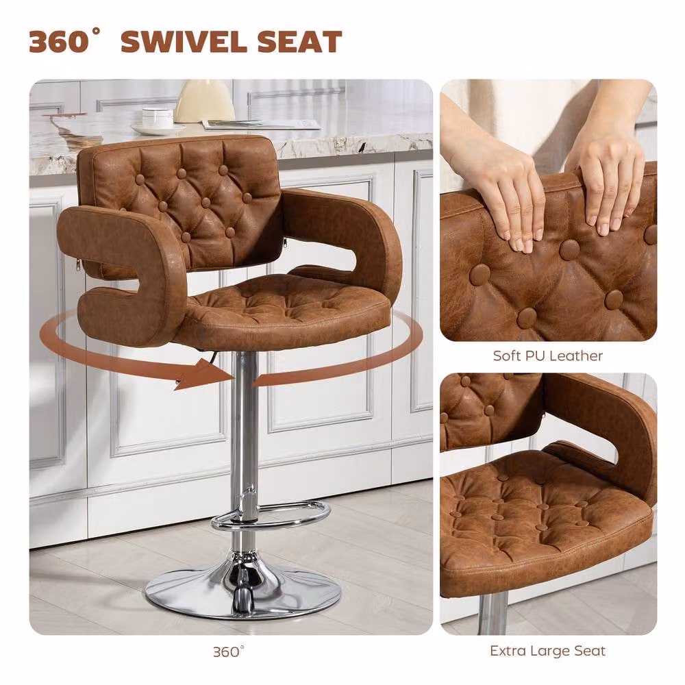 ERGOVEXA Luxe PU Leather Swivel Bar Stool with Armrests in Brown – 4
