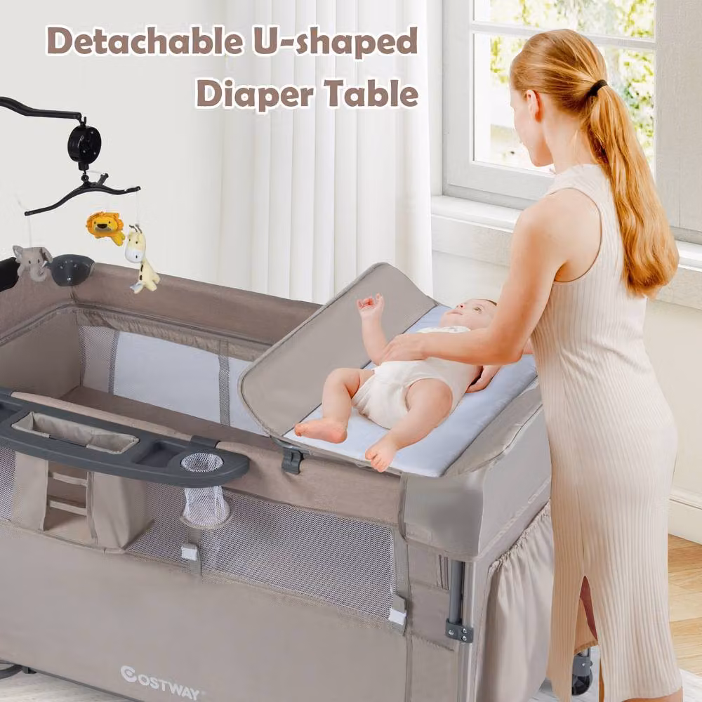 Costway 5-in-1 Baby Bassinet Bedside Sleeper and Portable Pack and Play in Beige – 3