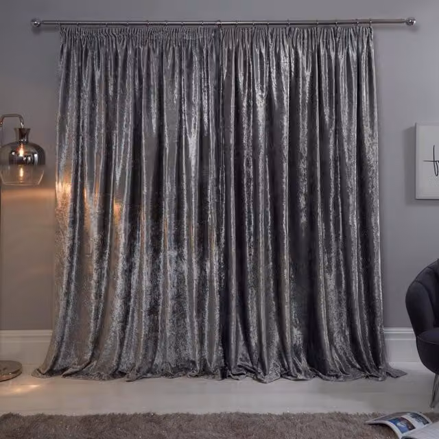 Sienna Silver Crushed Velvet Pencil Pleat Curtains, Pair, Thermal Insulating, Opaque