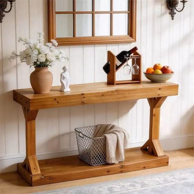 Nordara Rustic Brown Solid Wood Trestle Console Table – 1