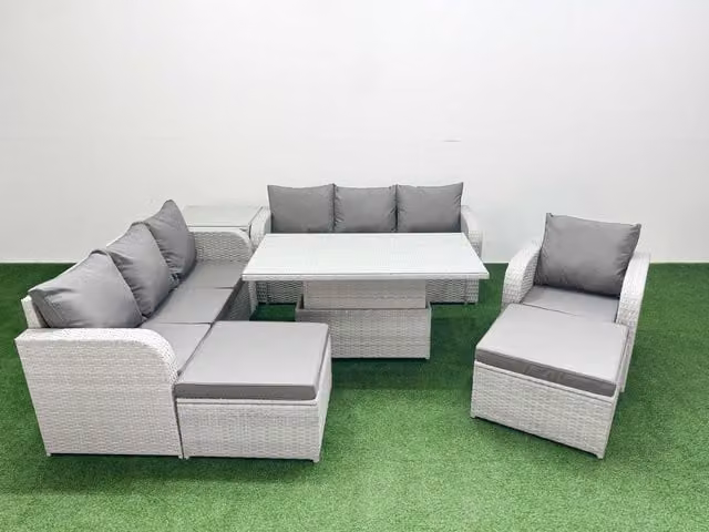 Fimous 9 Seater Poly Rattan Outdoor Garden Furniture Set in Grey with Adjustable Lifting Coffee Table, 3 Seater Sofa, Reclining Chairs and Ottoman