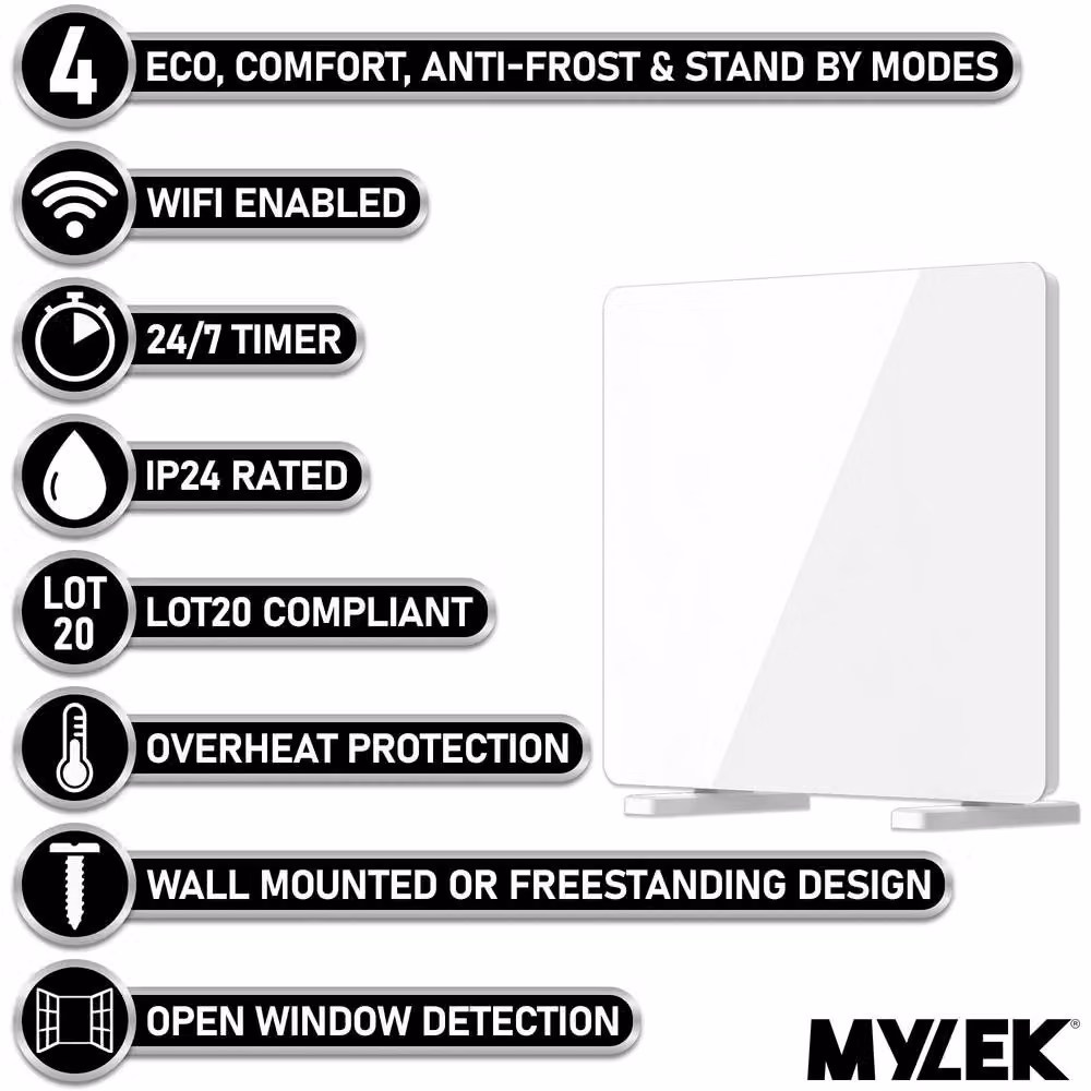 MYLEK White Slimline Glass Panel Radiator with Wifi and App Control – 2