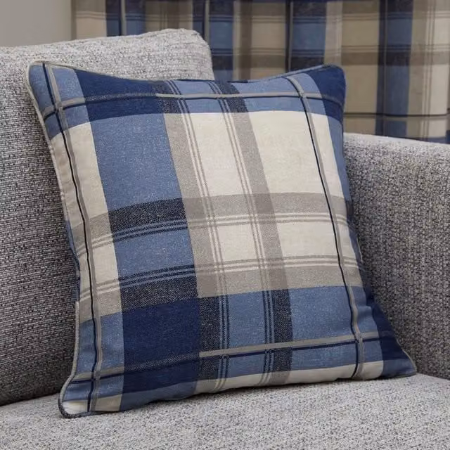 Terrys Blue Checked Square Cotton Cushion W/D/H: 43 x 43 x 43 cm