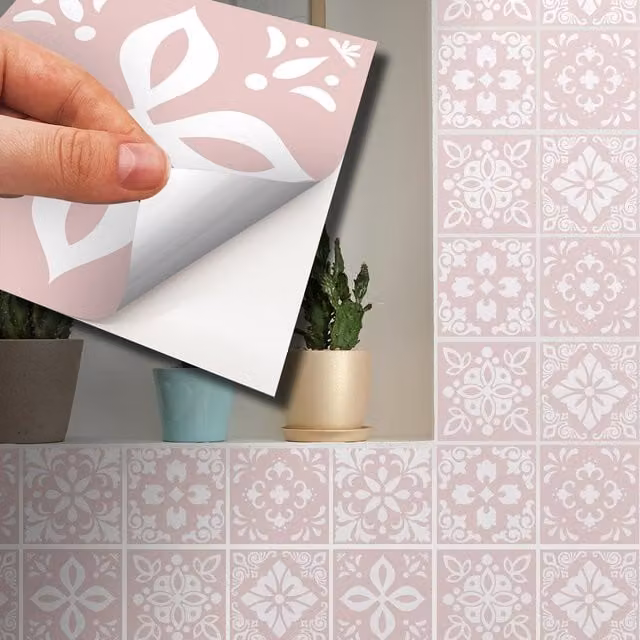 Walplus Adhesive Floral Square Wall Tile Stickers in Pink and White, W: 15 cm, H: 15 cm, Pack of 24
