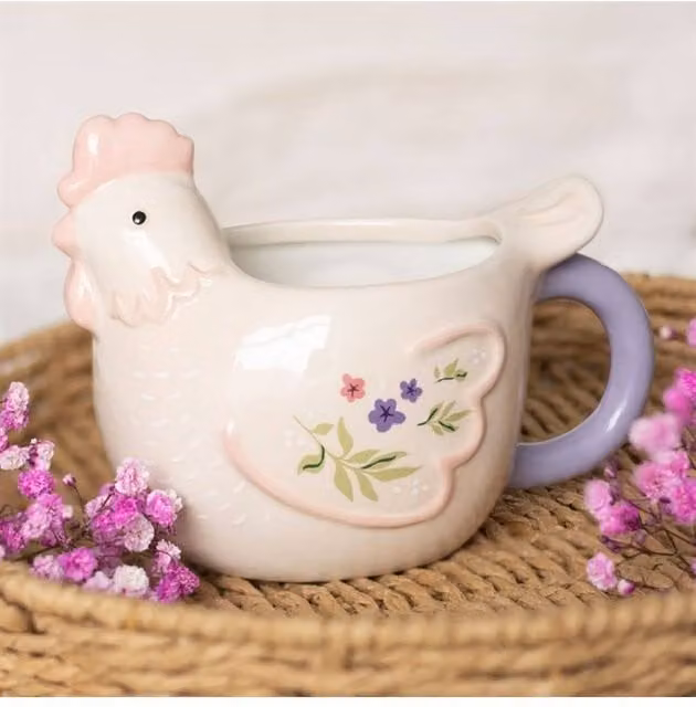 KDMD Hen Shaped Ceramic Mug in Peach with Floral Design, 250 ml
