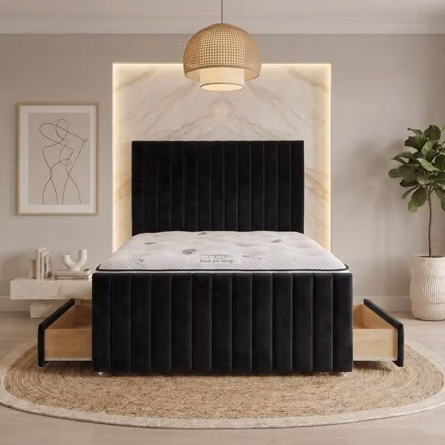 Somnior Eleanor Black Velvet Divan Bed with 4 Drawers, Mattress and Headboard, Super King, W/D/H: 200 x 200 cm
