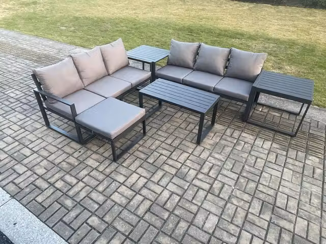 Fimous 6 Piece Modern Outdoor Garden Furniture Set in Dark Grey with Powder Coated Aluminium Frame, 3 Seater Sofa, Coffee Table and Ottoman