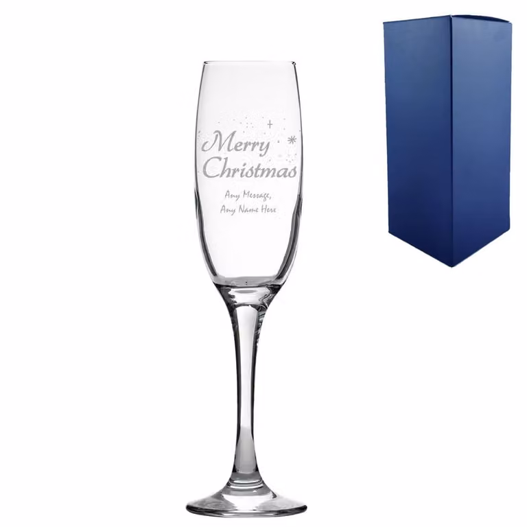 Uniqueful Personalised Engraved Merry Christmas Champagne Flute in Clear Glass, 100ml