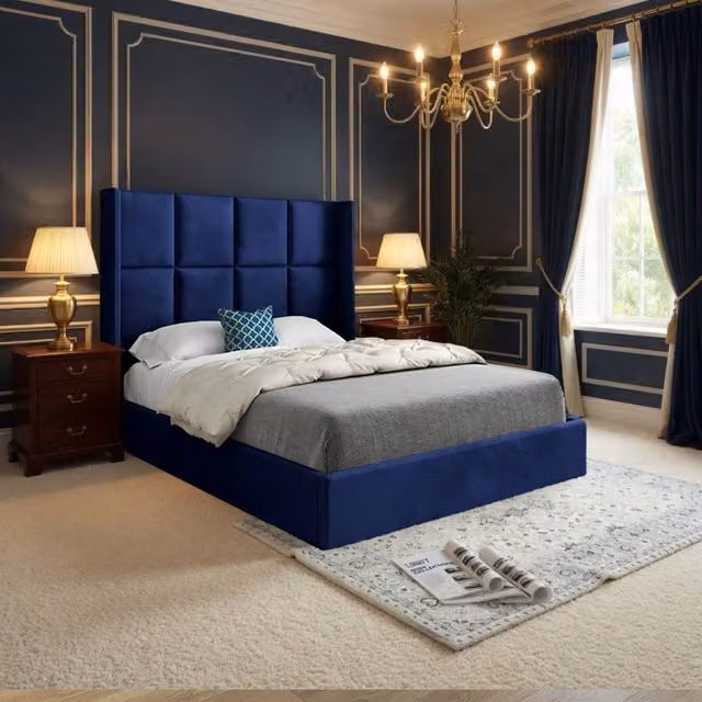 KDMD Stafford Winged Upholstered Designer Bed Frame in Blue Soft Velvet, Small Single – 1