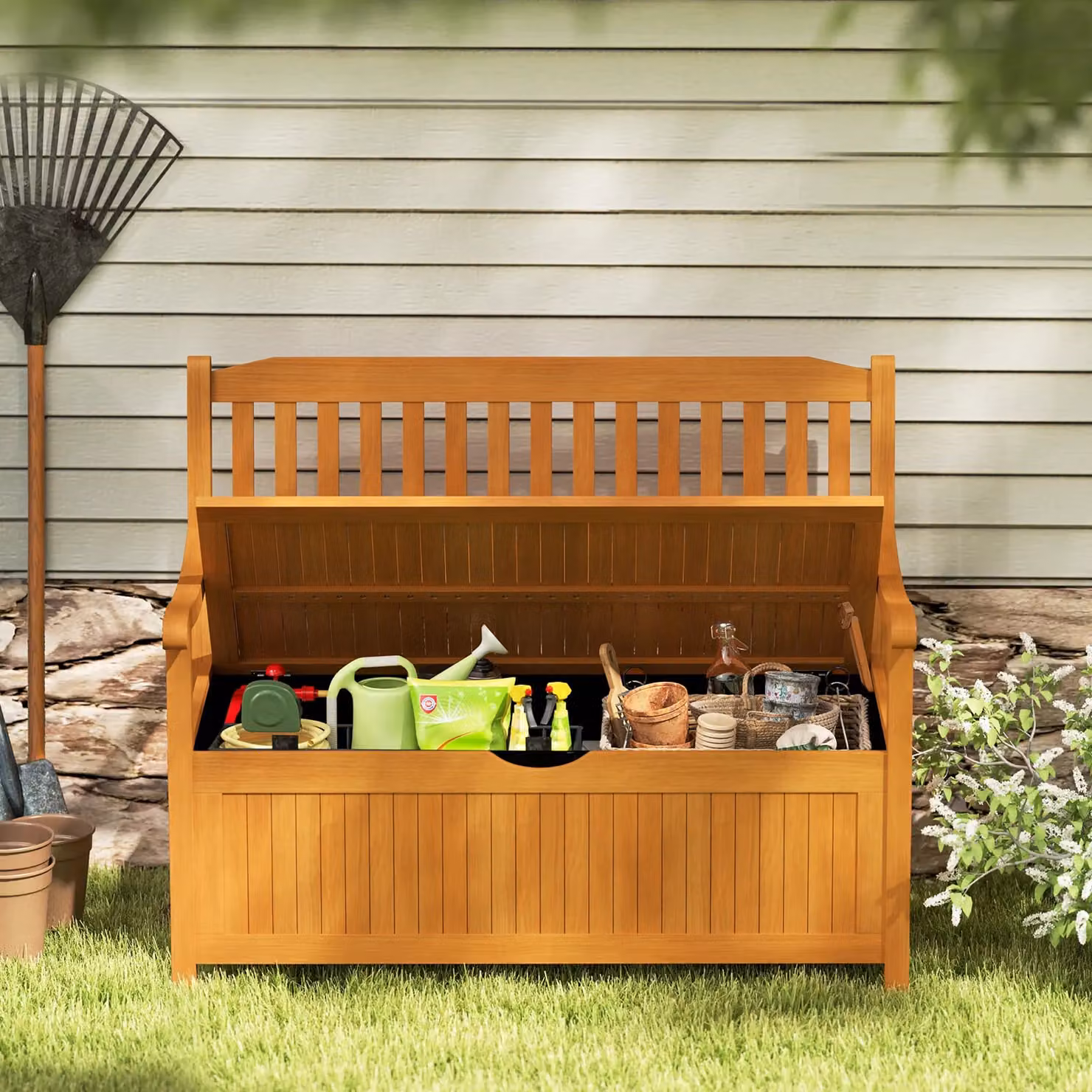 Costway 125L Outdoor Acacia Wood Storage Bench Deck Box Loveseat in Natural Brown – 3