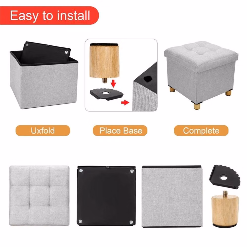 VOGREX Light Grey Folding Storage Stool Ottoman Padded Fabric Cube, W/D/H: 38 x 32 x 38 cm – 5