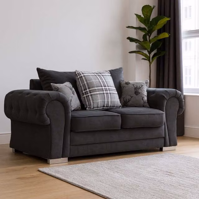 Furnishings For Less UK Milan 2 Seater Chesterfield Style Fabric Sofa in Black with Scatter Cushions, W: 180 cm, H: 80 cm, D: 90 cm
