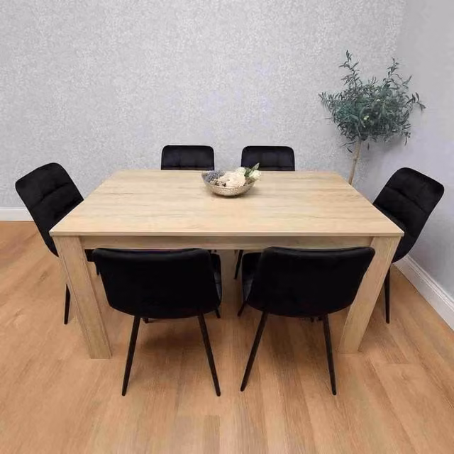 KOSY KOALA Oak Effect Dining Table Set with 6 Black Velvet Chairs in Brown